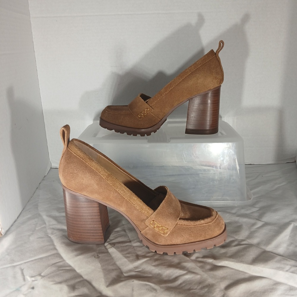 Crown Vintage Alivia Suede‎ Loafer Pumps 6.5 Tan Lug Sole Block Heel Academia - Picture 2 of 10